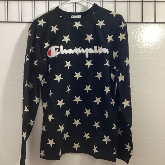 Vtg Champion Long Sleeve T Shirt Mens Small Black Star Print Shirt SKU #‎ 58937 - Picture 1 of 5